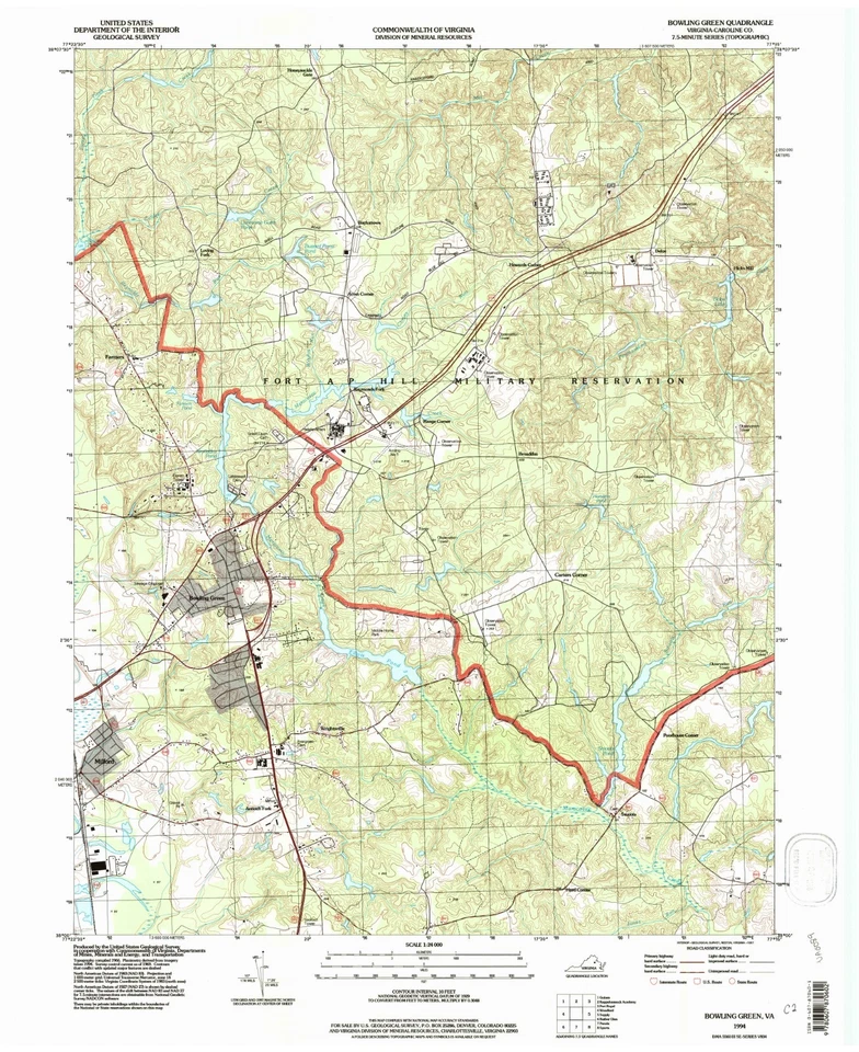 Bowling Green, VA, Topographic Map, 1994, USGS – Premium Matte Print – Historic - Image 1 of 1