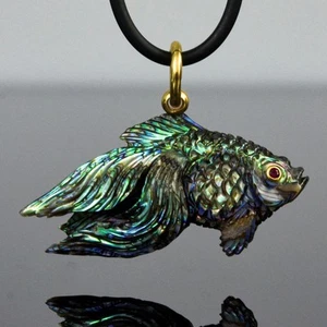 Goldfisch Anhänger geschnitzt Abalone Muschel Gold Vermeil Sterlingsilber Rubin 9,19 g - Bild 1 von 13