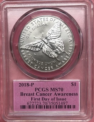 2018 BREAST CANCER AWARENESS Silver Dollar PCGS MS70 FDOI💥FLAWLESS QUALITY💥 - Image 1 of 4