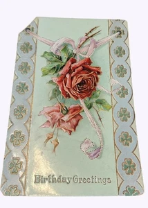 Antigua postal de cumpleaños con diseño de rosas y trébol impresa en relieve en Alemania - Imagen 1 de 2
