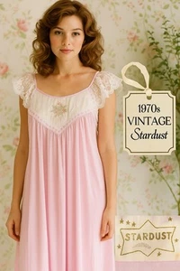 Camicia da notte vintage anni 70 polvere di stelle nylon lilla maniche pizzo raso ricamato giogo - Foto 1 di 8