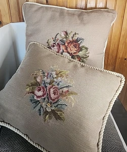 Vintage lot of 2 Needlepoint Floral Bouquet Pillows, Cottagecore, French Country - Picture 1 of 24