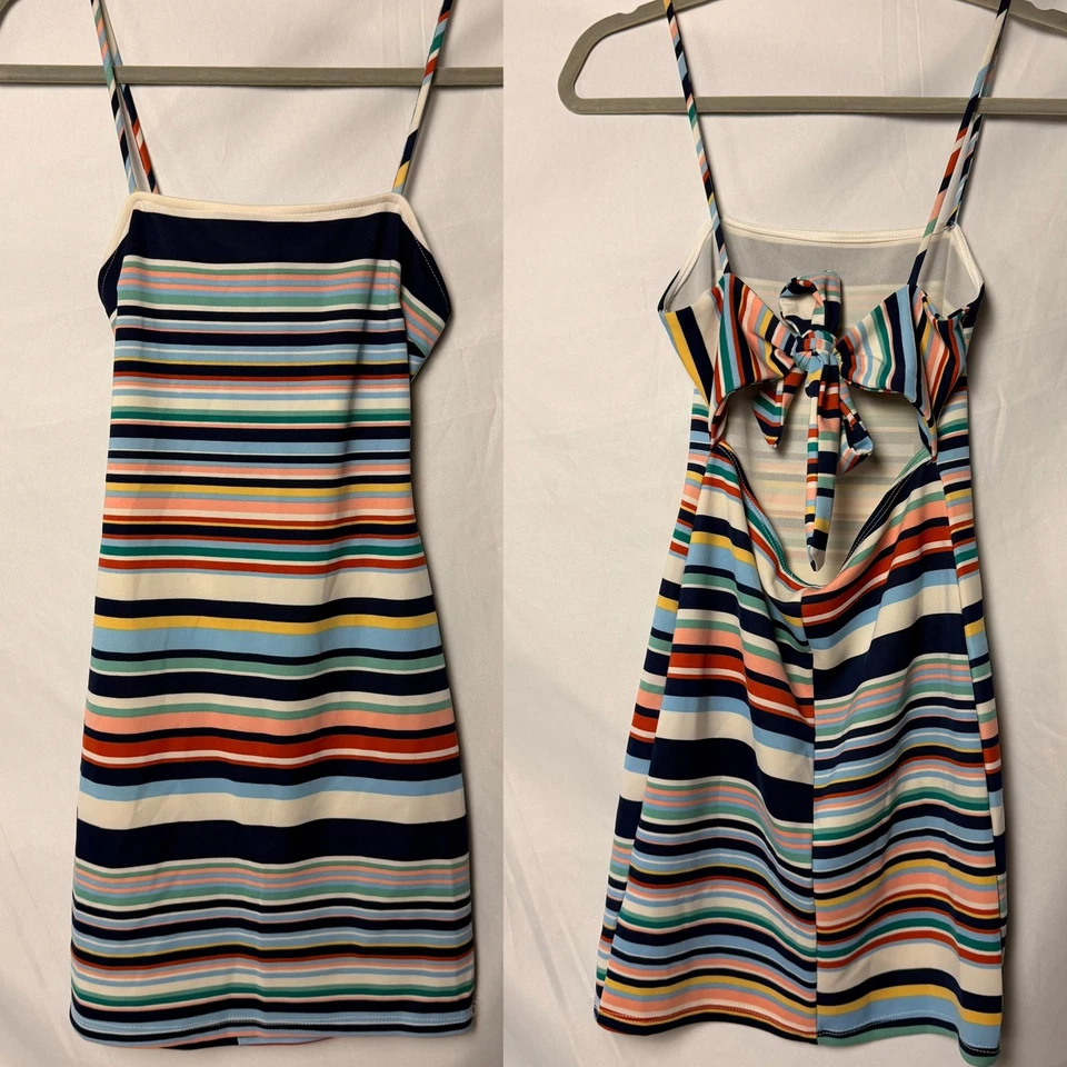 Mini vestido retrô azul marinho vermelho rosa listra arco-íris Bodycon recorte amarrar atrás M - Imagem 1 de 4