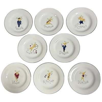 Pottery Barn Set of 8 Reindeer Dessert Salad Plates Christmas Xmas Made In Japan - Image 1 of 4