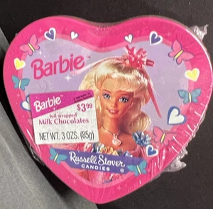 Barbie - Russel Stover Candies Valentines TIN - heart Shaped Unopened Tin - Picture 1 of 2