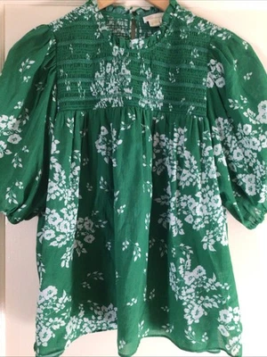Shoshanna Women's Green Floral Shirt 100% Cotton Size Small Smocked Short Sleeve — 第 1/4 张图片