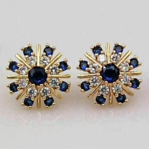 1.25 Ct Round Blue Sapphire Cluster Stud Snowflake Earrings 14K Yellow Gold Over - Picture 1 of 4