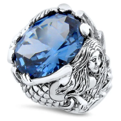 MERMAID RING 925 STERLING SILVER VICTORIAN STYLE SIMULATED AQUAMARINE       912X - Image 1 of 4