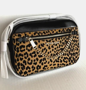 NWT Michael Kors Jet Set Large Leopard-Print Calf Hair Crossbody Bag - Picture 1 of 19