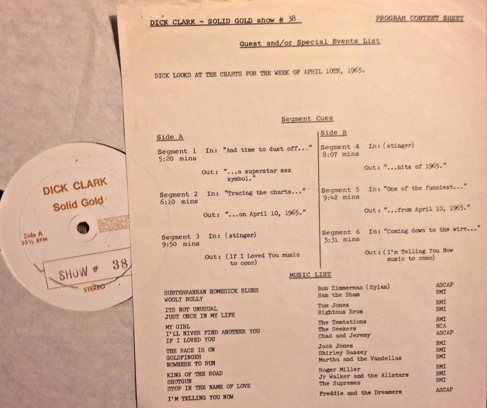 Radio Show: DICK CLARK GOLD #38 4/65 BOB DYLAN, SAM THE SHAM, SUPREMES, SEEKERS - Image 1 of 1