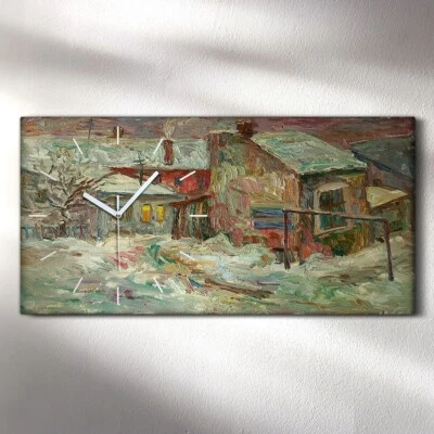 Leinwand Uhr Küche Wohnzimmer Bild 60x30 Ölgemälde Dorf Winter Schnee Kunst - Bild 1 von 4