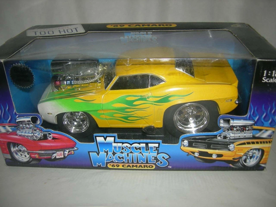 69 Chevy Camaro in Yellow and flames Muscle Machine Nice box 1:18 scale - Image 1 of 1