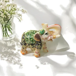 3" Exclusive Marble Trunk up Elephant Statue Hand painted Luxury Floral Design - Picture 1 of 8