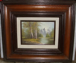 VINTAGE MOUNTAIN LAKE TREE SCENE OIL ON BOARD SIGNED DAVID BEATIFUL WOOD FRAME - Picture 1 of 4