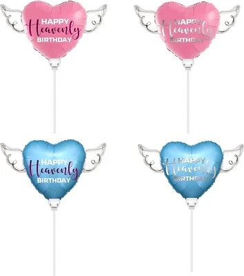 Feliz Cumpleaños Celestial Globos en un Palo en Forma de Corazón con Alas de Ángel (Paquete de 4) Foto 1 de 4