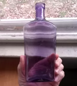 1898 DATED UNIQUE SHAPE WHISKEY FLASK BEAUTIFUL AMETHYST COLOR 8"TALL HAND BLOWN - Picture 1 of 6