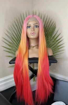 Peluca Arco Iris Pastel Ombré Naranja Rojo Rosa Encaje Frontal Libre Parte 28" Recta Foto 1 de 4