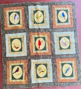 Vintage Textured Needlepoint Birds Quilt Blanket Wall Hanging Throw 58" x 64" - Picture 1 of 16