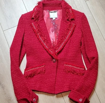 HERMOSA Chaqueta de Alta Costura St. John Rojo Flecos Tejido Traje Blazer Talla 2 Foto 1 de 4