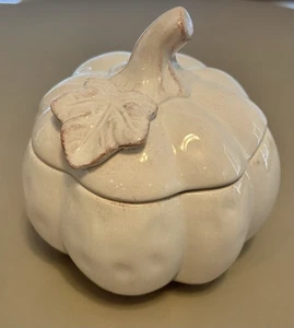 Pier 1 handbemalte Keramik Deckel Distressed weiß Kürbis Suppe oder Süßigkeiten Schüssel - Bild 1 von 3