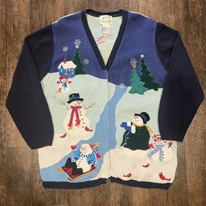 VTG QUACKER FACTORY Sz 1XL Christmas Winter Cardigan Sweater Snowman Trees Beads - Picture 1 of 6