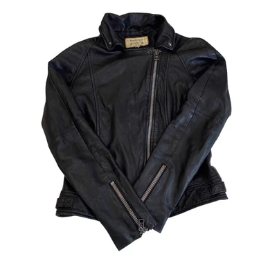 Mango Leather Jacket Womens Small Black Lined Collared Asymmetrical Zip - Image 1 of 4