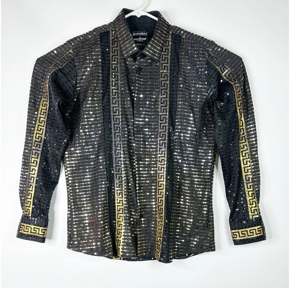 Barabas Long Sleeve 90s Look Sequin Button Down Mens Shirt Size L - Image 1 of 4