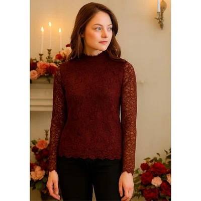 Vince Camuto высоты шеи кружева блузка женщин Sz XL бордовый Cottagecore романтический топ - Изображение 1 из 4