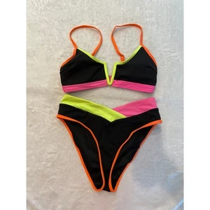NWOT POPVIL Women's V Wire Color Block Set Medium Black/Multi High Waisted - Picture 1 of 11