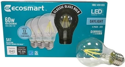EcoSmart 60w 4Pk Dimmable Filament LED Light Bulb Daylight Glass Clear A19 NEW - Image 1 of 3