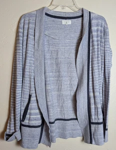 Lou & Grey Open Front Cardigan Sweater Medium Gray White Striped Soft Cotton - Picture 1 of 3