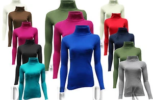 DAMEN GERIPPTES POLOKRAGEN OBERTEIL PULLOVER ROLLKRAGEN LANGARM T-SHIRT - Bild 1 von 12