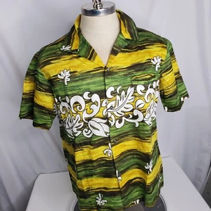 Vtg Malihini Hawaiian Shirt Sz M/L Tribal Floral Green Yellow - Picture 1 of 5