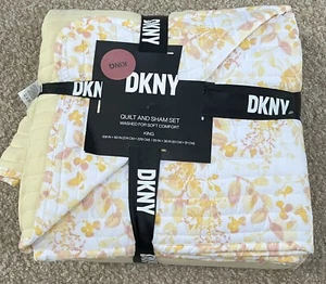 NEW DKNY Quilt & Sham Set King Size 108 x 90 Yellow Floral Cottagecore Shabby - Picture 1 of 8