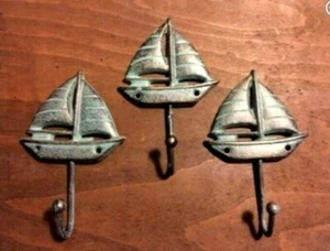 SET of 3 SAILBOAT HOOKS with Antique Green Patina heavy duty cast iron beach 5" - Picture 1 of 8