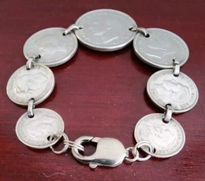VINTAGE 925 STERLING SILVER GEORGE VI 1942,43 AUSTRALIA COINS LINKS BRACELET. 8" - Picture 1 of 16