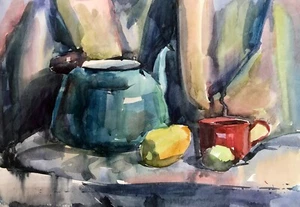 Watercolor Painting Breakfast Unknown Artist Unframed Original Art nAAA2781 - Picture 1 of 13