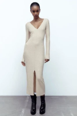 Zara Ribbed Knit Midi Dress SMALL Long Sleeve V-Neck Bodycon Soft Cream NWOT - Image 1 of 4
