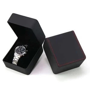 Black Single Watch Box w/ Pillow PU Leather Wristwatch Display case Red Stitchin - Picture 1 of 6