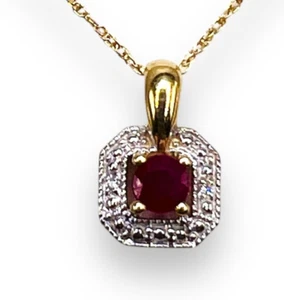 Natural Red Pink Ruby Diamond Round 14k Yellow Gold Necklace - Picture 1 of 13