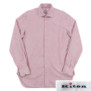 Kiton Napoli Dress Shirt Mens Sz 42, Button Up, Red/White Pinstripe, Cutaway - Picture 1 of 16