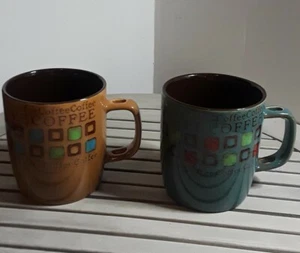 Mr Coffee Brand Set of 2 Coffee Mugs 13 oz Embossed Brown Teal - Picture 1 of 10
