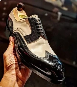 Men's Handmade Genuine Leather Two Tone Wingtip Oxford Lace Up Formal Dress Shoe - Picture 1 of 5