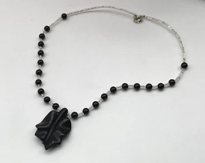 Sterling Silver 925 Necklace Black Onyx Carved Leaf Beads - Picture 1 of 9