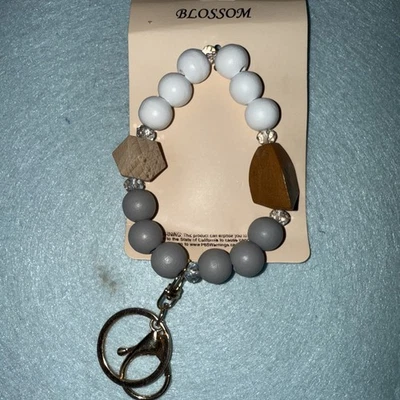 XL Cuentas (Blanco/Gris) Borla Llavero Muñequera Accesorio Tri Color-Tono Dorado Nuevo Foto 1 de 3