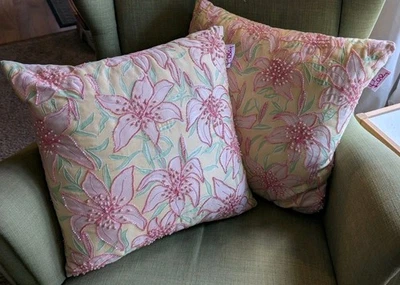 Lilly Pulitzer Tropical Lily Set Of 2 Throw Pillows 18x18" Beaded & Pearls  - Image 1 of 4