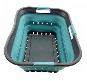 42L (11 gallon) Collapsible Plastic Laundry Basket - Grey/Crystal Blue - Picture 1 of 8
