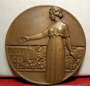 fRENCH ART DECO MEDAL by TURIN lady showing ROAD PREVENTION AUTO 72mm - Picture 1 of 3