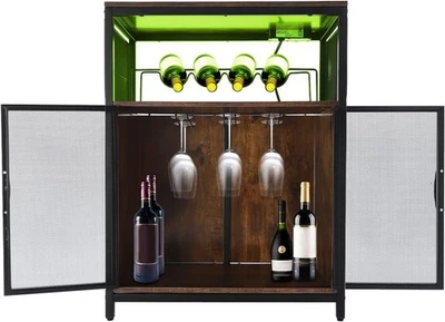 Industrial Wine Bar Cabinet with RGB Lights & Glass Holder Storage Sideboard - Image 1 of 4