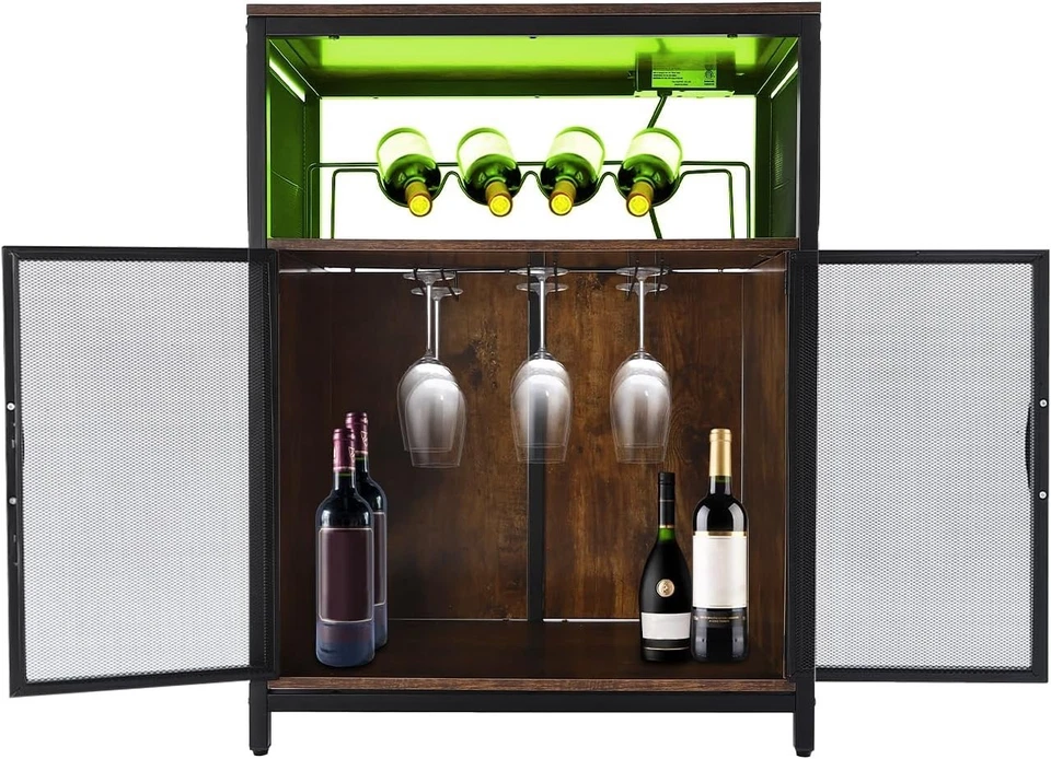 Industrial Wine Bar Cabinet with RGB Lights & Glass Holder Storage Sideboard - Image 1 of 4